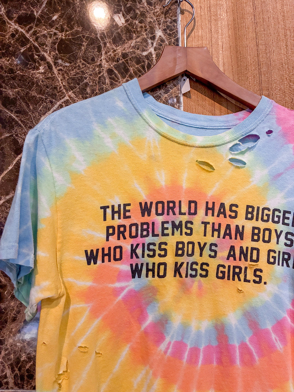 DISTRESSED MESSAGE TIE DYE TEE SHIRT